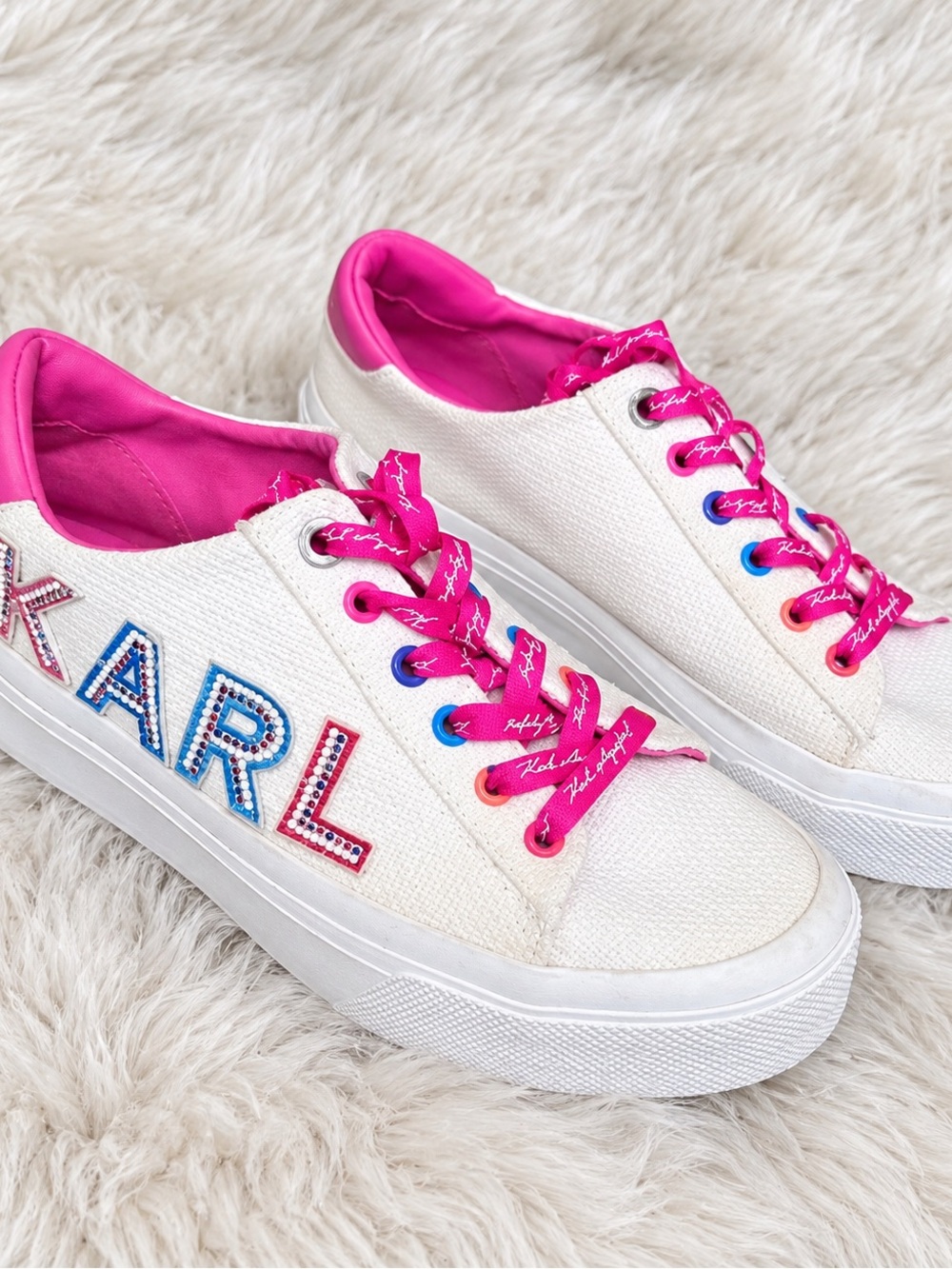 Karl Lagerfeld White Canvas Sneakers with Hot Pink Accents